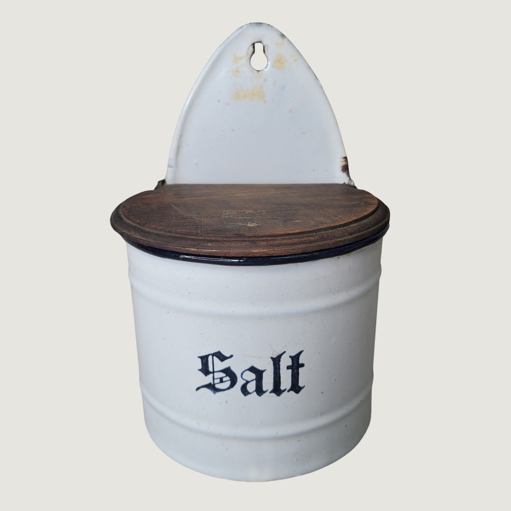 Vintage Germany Enamelware Salt Box Wall Hanging Cellar White Wood Lid Farmhouse